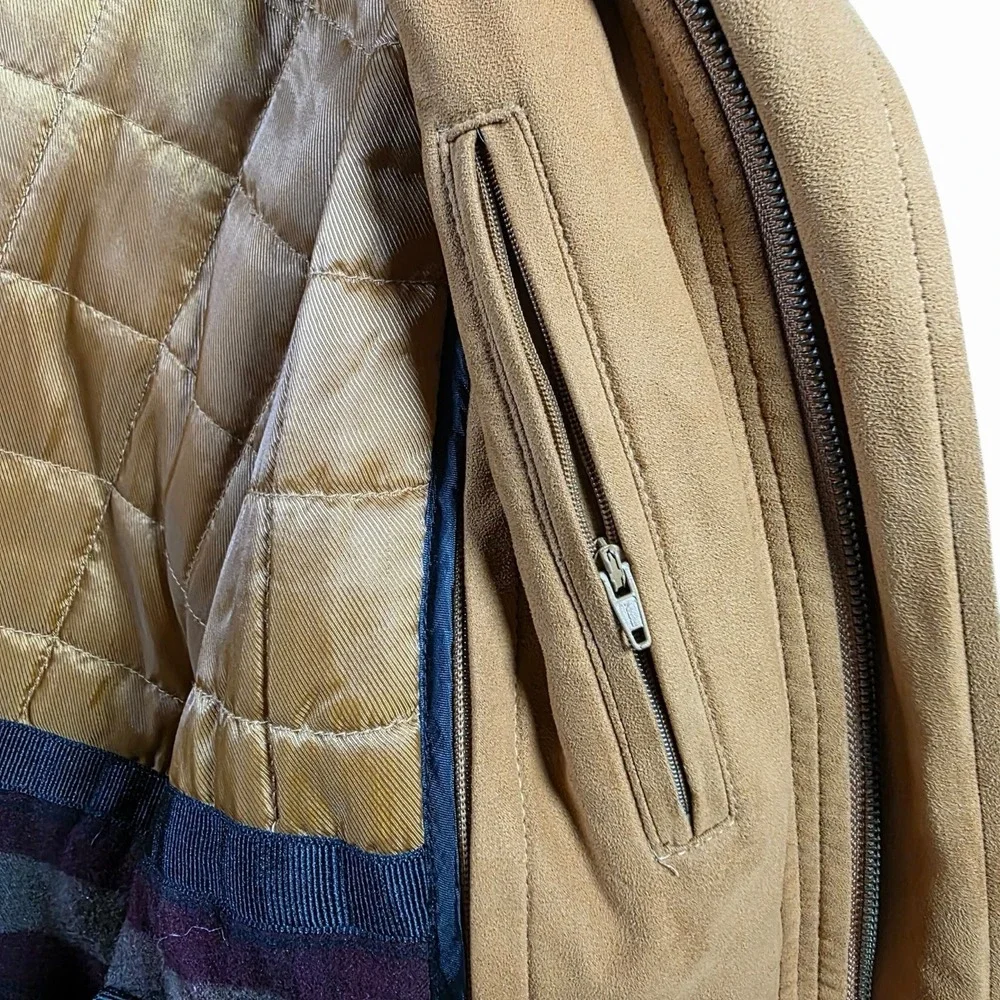 Blue Skyline Mens Micro Suede Bomber Harrington Jacket L Tan Plaid Lined